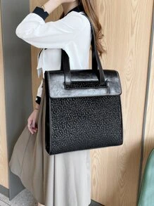 輕薄便攜大容量休閒時尚按扣翻蓋單肩手提包適合女孩、女士、大學生、新秀和白領秋季、冬季必備、工作、辦公室、通勤、學院、秋冬、戶外 - 黑色 - 查看 2