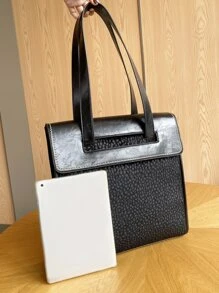 輕薄便攜大容量休閒時尚按扣翻蓋單肩手提包適合女孩、女士、大學生、新秀和白領秋季、冬季必備、工作、辦公室、通勤、學院、秋冬、戶外 - 黑色 - 查看 3