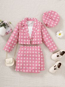 SHEIN 年輕女孩格紋印花翻領西裝外套&背心上衣&裙子&帽子