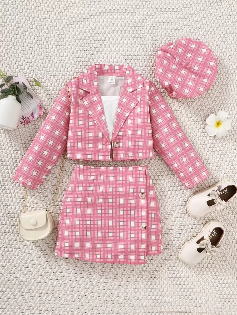 SHEIN 年輕女孩格紋印花翻領西裝外套&背心上衣&裙子&帽子