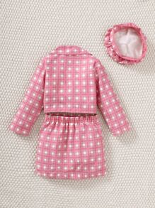 SHEIN 年輕女孩格紋印花翻領西裝外套&背心上衣&裙子&帽子