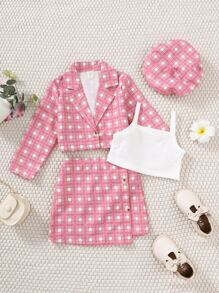 SHEIN 年輕女孩格紋印花翻領西裝外套&背心上衣&裙子&帽子