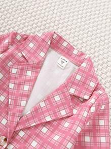 SHEIN 年輕女孩格紋印花翻領西裝外套&背心上衣&裙子&帽子