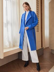 MOTF PREMIUM 羊毛混紡瀑布腰帶花呢外套 - 藍色 - 查看 5