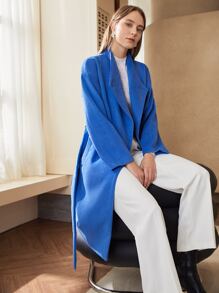 MOTF PREMIUM 羊毛混紡瀑布腰帶花呢外套 - 藍色 - 查看 6