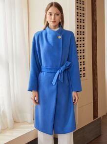 MOTF PREMIUM 羊毛混紡瀑布腰帶花呢外套 - 藍色 - 查看 8