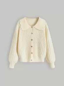 SHEIN MOD 貝殼邊紋理質感針織開衫 - 米色 - 查看 2