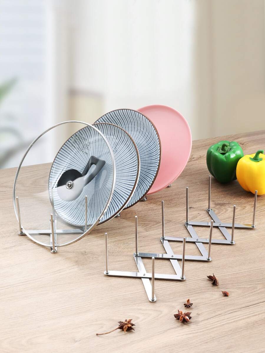 1pc Retractable Stainless Steel Pot Lid Holder, Multifunction Plate Drain Shelf, Storage Rack, For Kitchen Organization - Silver - View 1