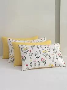 花卉图案枕套套装，4 件装，黄色花朵枕套，植物纯色田园风格枕套，轻盈枕套，男女皆宜的礼物 - 彩色 - 查看 2