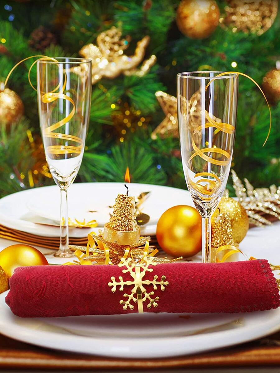 1pc Gold Christmas Napkin Ring, Christmas Snowflake Napkin Holder, Holiday Table Decoration - Gold - View 1