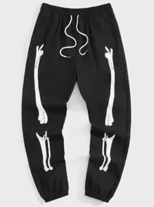 ROMWE MEN Guys Skeleton Print Drawstring Waist Pants - Black - View 1