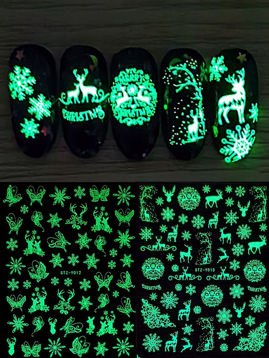 FULL BEAUTY Christmas 2sheets Luminous Snowflake Pattern Nail Art Sticker - White - View 1