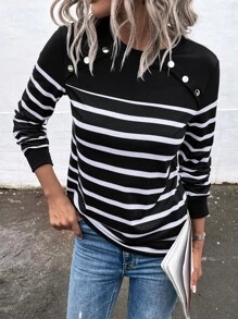SHEIN LUNE Striped Fake Button Tee - Black and White - View 1
