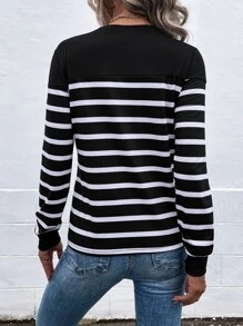 SHEIN LUNE Striped Fake Button Tee - Black and White - View 2