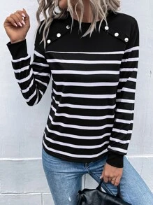 SHEIN LUNE Striped Fake Button Tee - Black and White - View 3