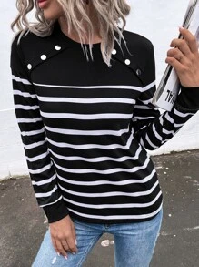 SHEIN LUNE Striped Fake Button Tee - Black and White - View 4