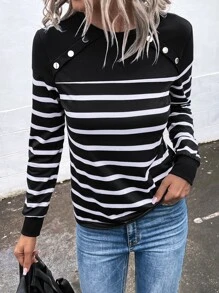 SHEIN LUNE Striped Fake Button Tee - Black and White - View 5