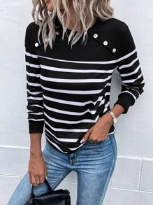SHEIN LUNE Striped Fake Button Tee - Black and White - View 6