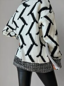 EURMUSE Graphic Contrast Binding Cardigan - Đen và trắng - Xem 2