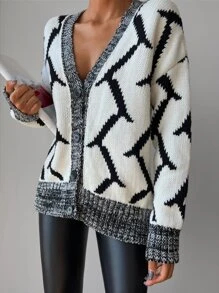 EURMUSE Graphic Contrast Binding Cardigan - Đen và trắng - Xem 6