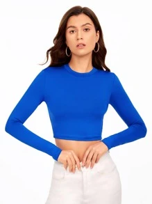 SHEIN Essnce Áo thun nữ màu trơn Gợi cảm - Xanh đậm - Xem 2