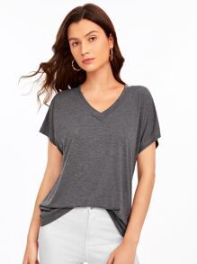 SHEIN Essnce V-neck Batwing Sleeve Solid Tee - Dark Grey - View 2