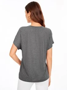 SHEIN Essnce V-neck Batwing Sleeve Solid Tee - Dark Grey - View 3