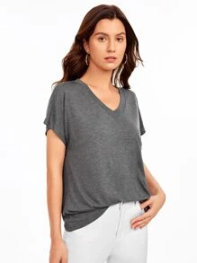 SHEIN Essnce V-neck Batwing Sleeve Solid Tee - Dark Grey - View 5