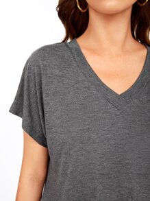 SHEIN Essnce V-neck Batwing Sleeve Solid Tee - Dark Grey - View 6
