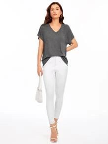 SHEIN Essnce V-neck Batwing Sleeve Solid Tee - Dark Grey - View 7