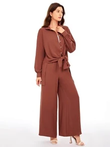 SHEIN Frenchy 落肩袖前紐扣直筒襯衫和闊腿褲 - 鏽棕色 - 查看 4