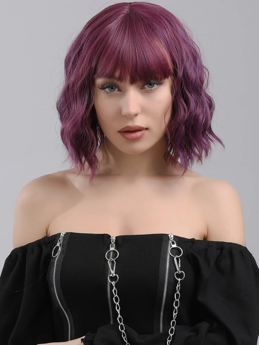 Natural Curly Wig With Bangs - Purple - View 1