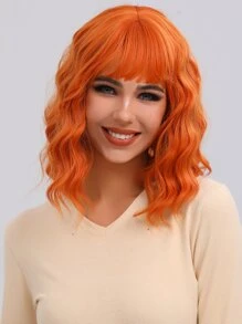 Bob Wigs With Bangs Water Wave Shot Wig 16 Inch Deep Wave Heat Resistant Fiber Synthetic Wigs For Women Daily Used - Orange - View 5
