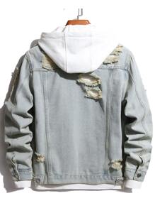 Manfinity Hombres Cazadora mezclilla desgarro con bolsillo con solapa sin capucha - Lavado ligero - Ver 2