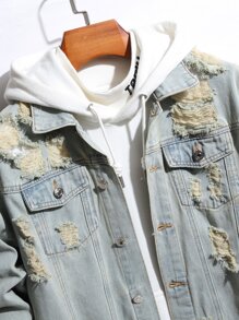 Manfinity Hombres Cazadora mezclilla desgarro con bolsillo con solapa sin capucha - Lavado ligero - Ver 7