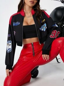 Coolane Letter Graphic Two Tone Drop Shoulder Bomber Jacket In Fall/Winter - Black - View 1