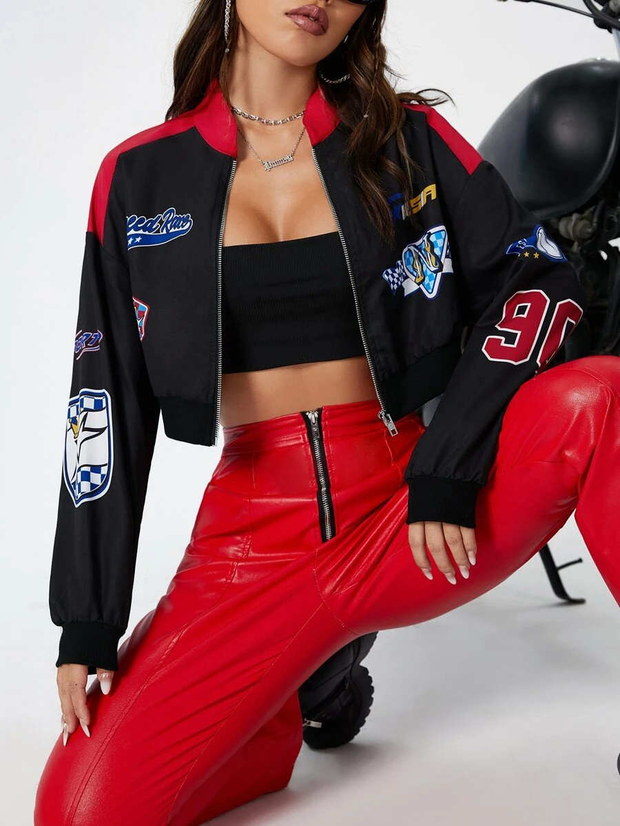 Coolane Letter Graphic Two Tone Drop Shoulder Bomber Jacket In Fall/Winter - Black - View 1