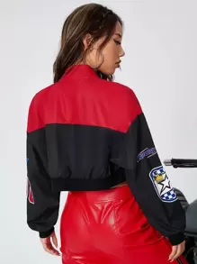 Coolane Letter Graphic Two Tone Drop Shoulder Bomber Jacket In Fall/Winter - Black - View 2