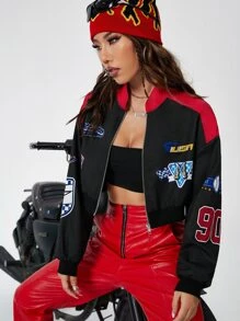 Coolane Letter Graphic Two Tone Drop Shoulder Bomber Jacket In Fall/Winter - Black - View 4