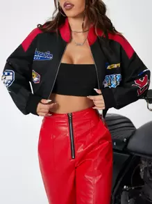 Coolane Letter Graphic Two Tone Drop Shoulder Bomber Jacket In Fall/Winter - Black - View 7