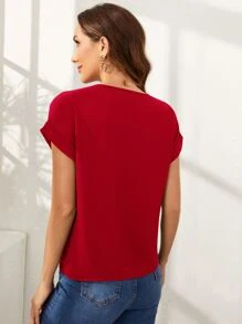 SHEIN LUNE Rolled Cuff Zip Half Placket Blouse,Short Sleeve Tops