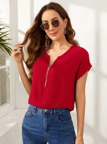 SHEIN LUNE Rolled Cuff Zip Half Placket Blouse,Short Sleeve Tops