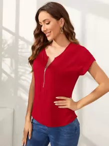 SHEIN LUNE Rolled Cuff Zip Half Placket Blouse,Short Sleeve Tops