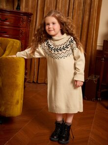 Toddler Girls Chevron Pattern Turtleneck Raglan Sleeve Jumper Dress - Apricot - View 3