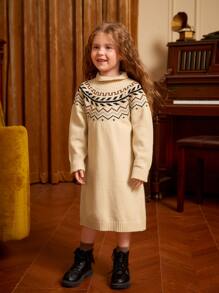 Toddler Girls Chevron Pattern Turtleneck Raglan Sleeve Jumper Dress - Apricot - View 4