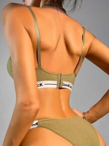 Contrast Letter Tape Lingerie Set - Army Green - View 2