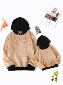 Boys 1pc Colour Block Kangaroo Pocket Teddy Hoodie - Khaki - View 3