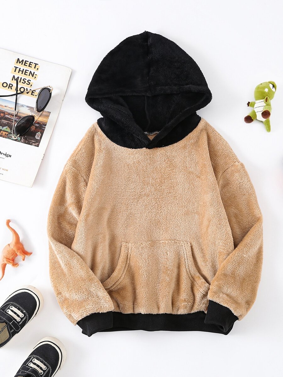 Boys 1pc Colour Block Kangaroo Pocket Teddy Hoodie - Khaki - View 1