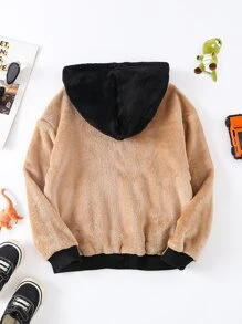 Boys 1pc Colour Block Kangaroo Pocket Teddy Hoodie - Khaki - View 2