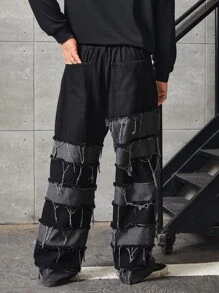 Manfinity RebelGame Men Plus Cotton Two Tone Raw Trim Straight Leg Jeans - Black - View 2